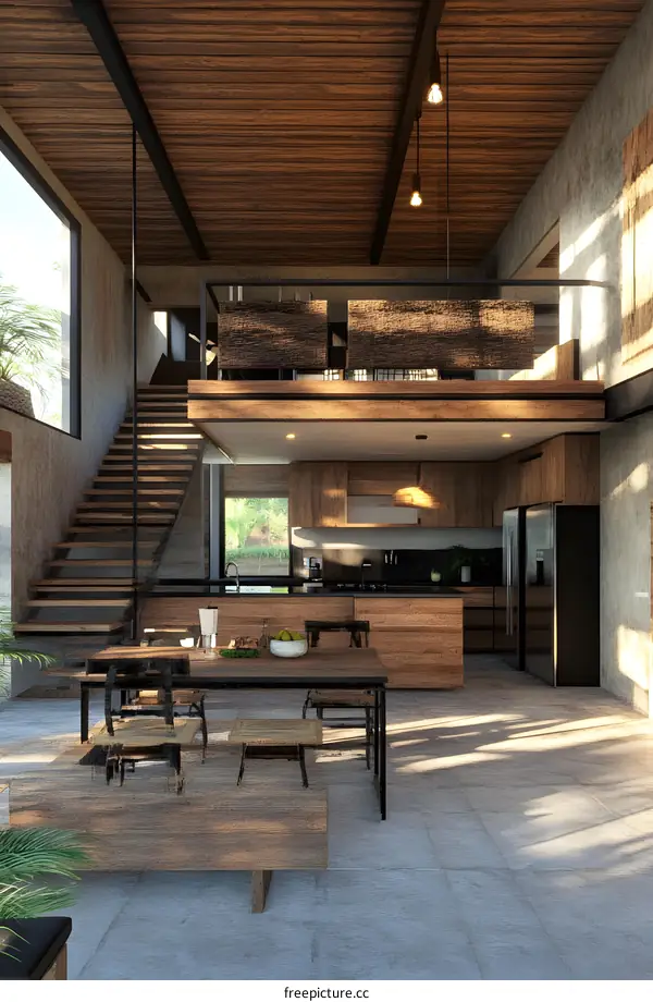 Modern Open Concept Kitchen and Dining Area with Wooden Accents
