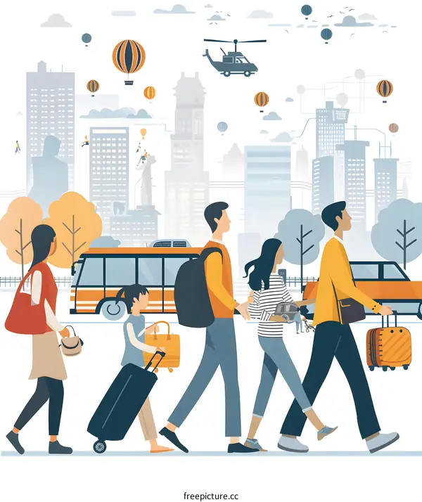 Cityscape with People Walking and Luggage