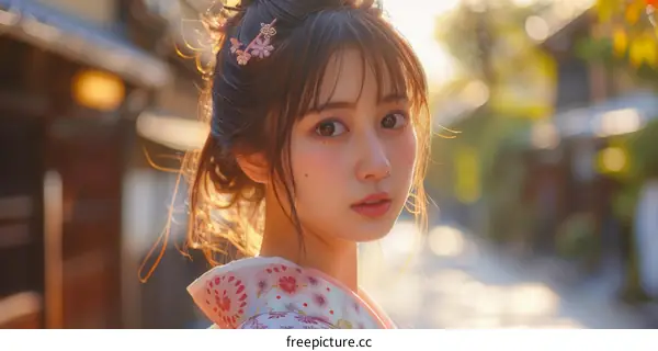 Japanese Woman in Traditional Kimono in a Charming Town