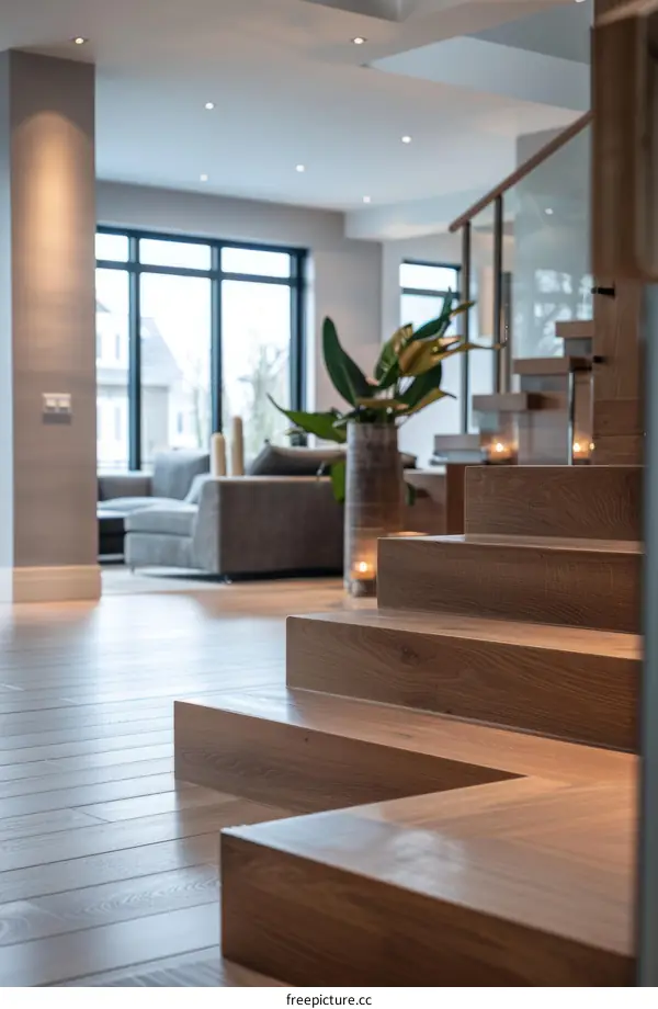 Staircase in a modern house with a plant on the landing