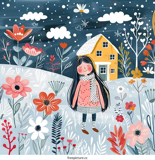 Girl Standing in Winter Wonderland Illustration