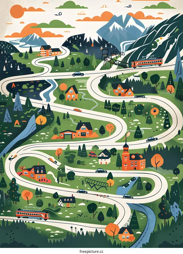 Winding Road Through Picturesque Village Illustration