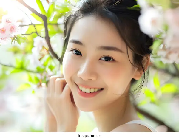 Portrait of a Beautiful Asian Woman Smiling in a Field of Pink Blossoms