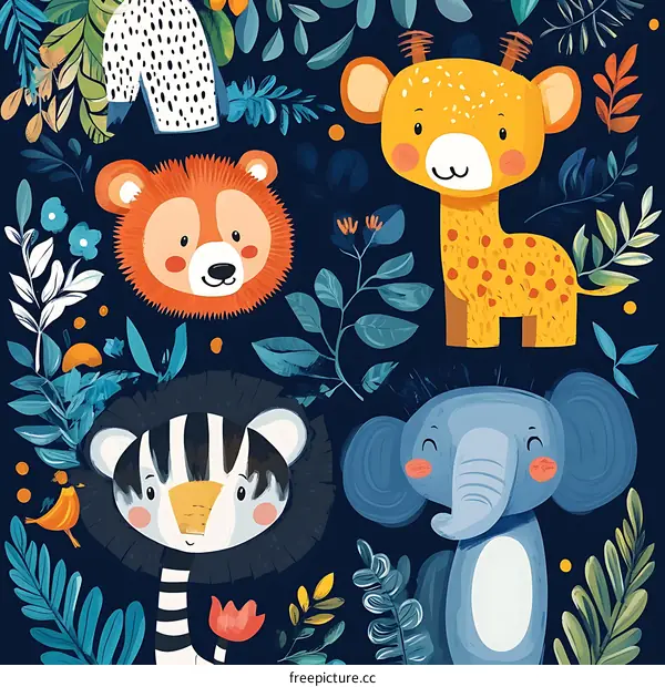 Cute Animals in a Tropical Forest Illustration