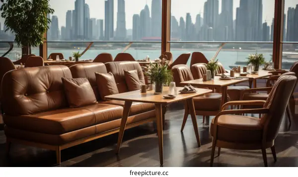 Modern restaurant interior with a view of the city