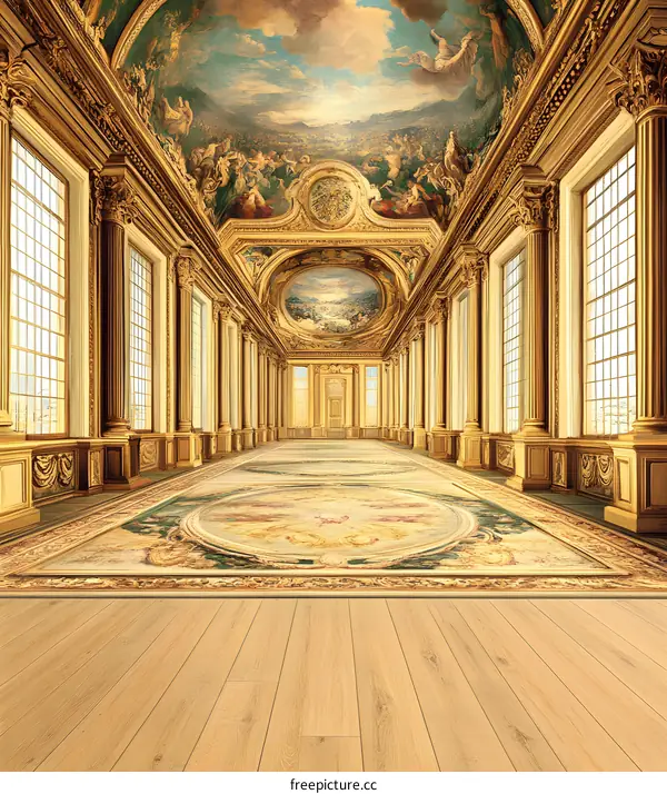 Golden Hallway with Ornate Ceiling and  Intricate Floor