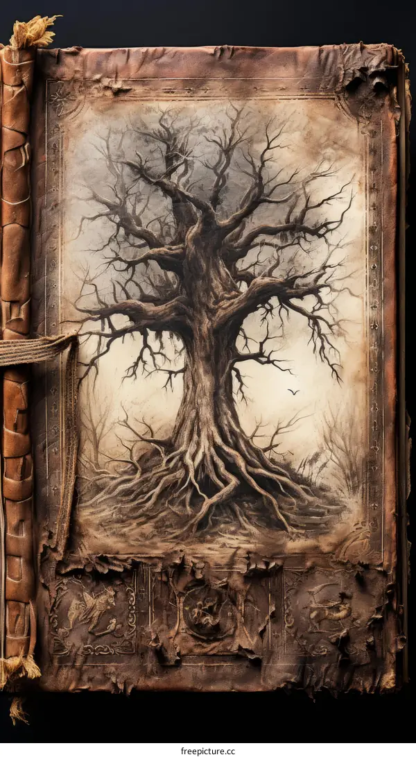 An illustration of a large tree with gnarled branches and roots.