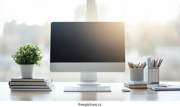 Modern Workspace with Computer and Stationery