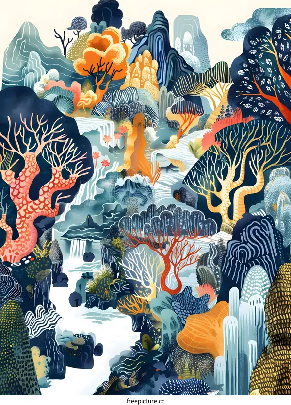 Waterfall Mountain Landscape Illustration