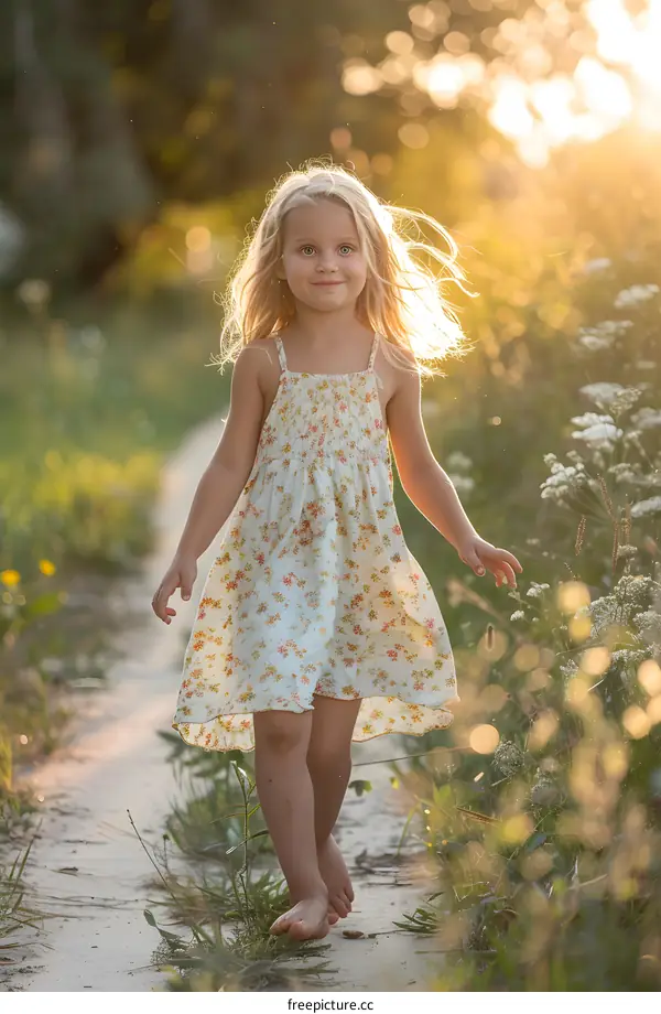 Little Girl Walking in a Field of Flowers at Sunset