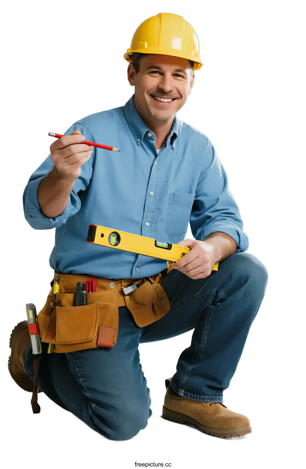 [Transparent Background PNG]Male construction worker wearing yellow helmet and holding tools