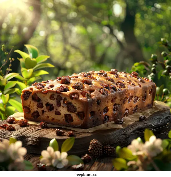 Close up of homemade traditional fruit cake on wooden table in the garden