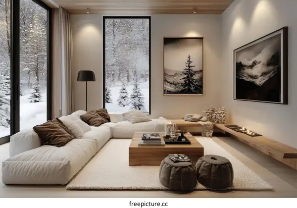 Modern Cozy Living Room with Snowy Forest View