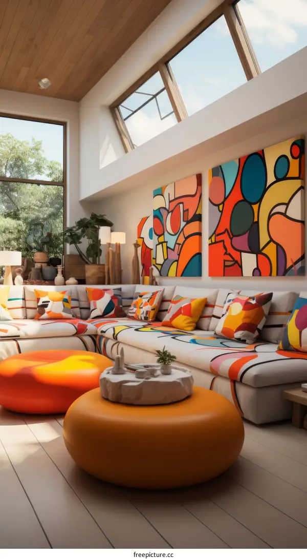 Modern living room interior design with large windows and colorful abstract paintings