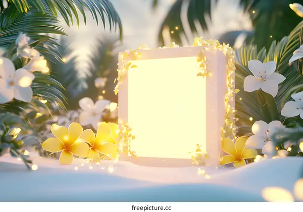 White Glowing Cube With Tropical Flowers