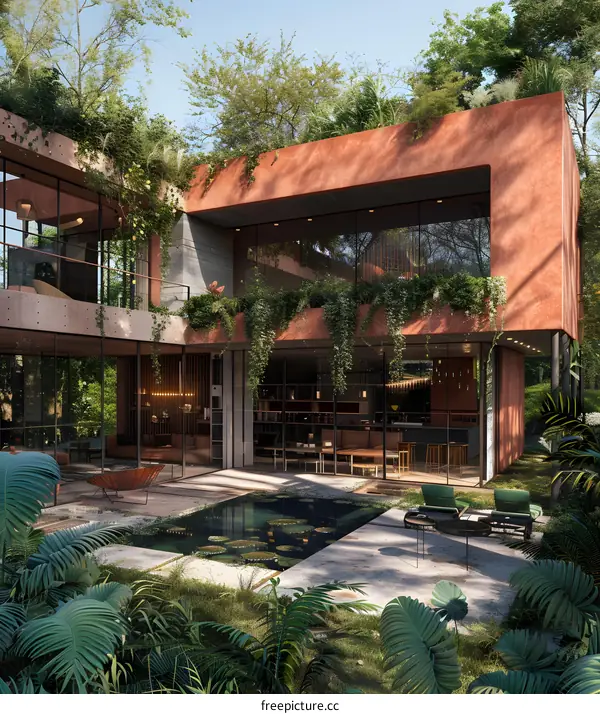 Modern House with Patio Surrounded by Lush Greenery