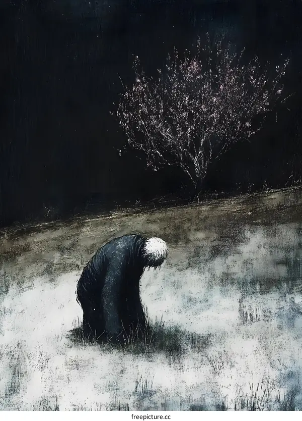 Lonely Man in a Field with a Blooming Tree