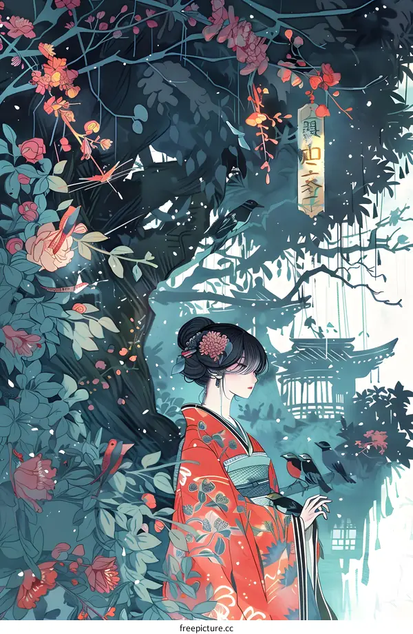 Japanese Woman in Red Kimono Standing Under a Tree