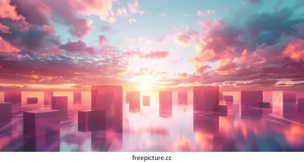 Pink Sunset Over Glass Skyscrapers City