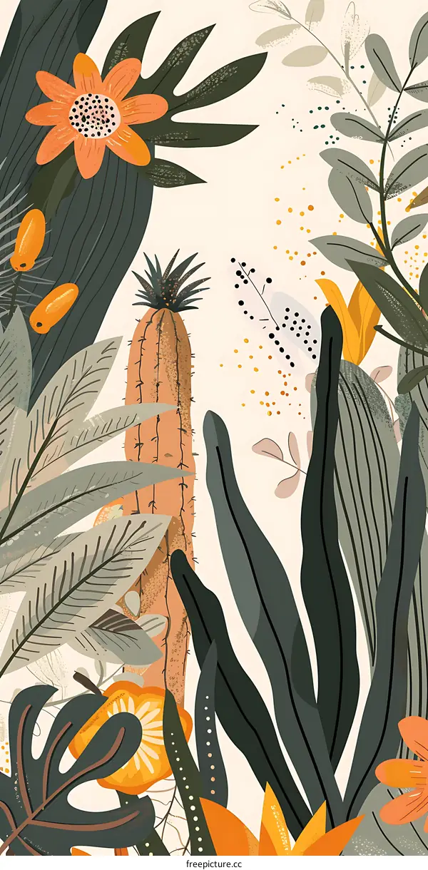 Abstract Tropical Flower Illustration with Cactus and Leaves