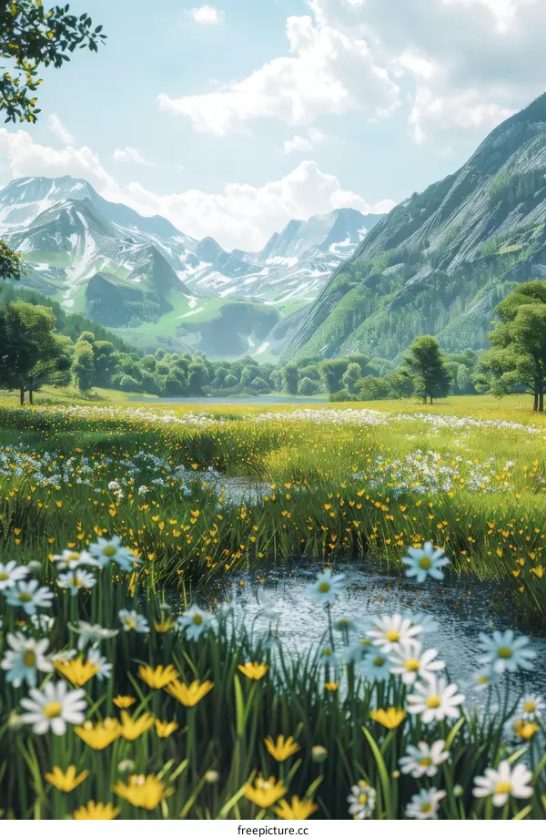 Idyllic Alpine Meadow with Wildflowers and Creek