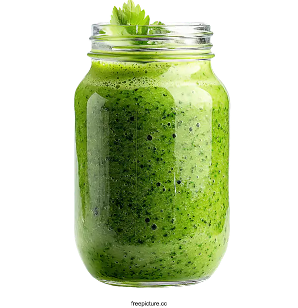 [Transparent Background PNG]Fresh Green Smoothie in a Glass Jar