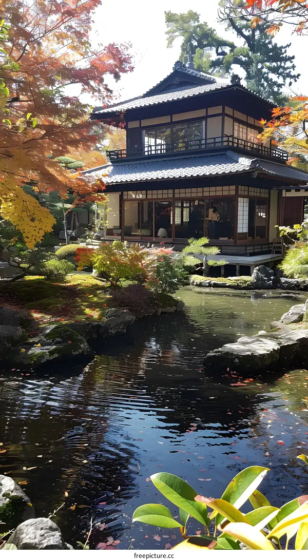 Traditional Japanese Architecture with Autumn Foliage and Pond