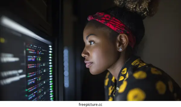 Focused Woman Studying Code on a Computer Screen