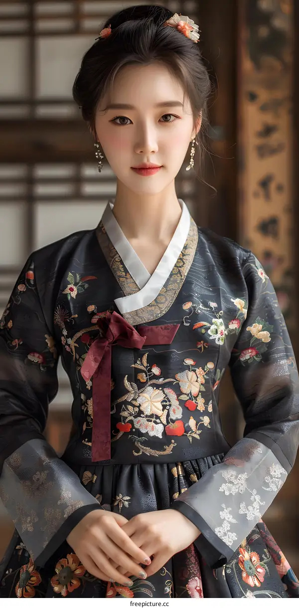 Portrait of a young woman in traditional Korean dress, or Hanbok