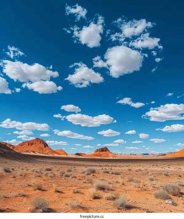 Arid desert landscape with red rock formations under a blue sky with white clouds