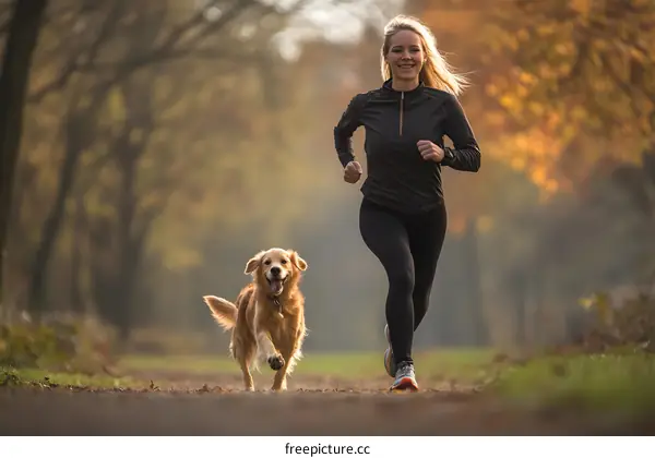 Woman Running with Dog in Autumn Forest