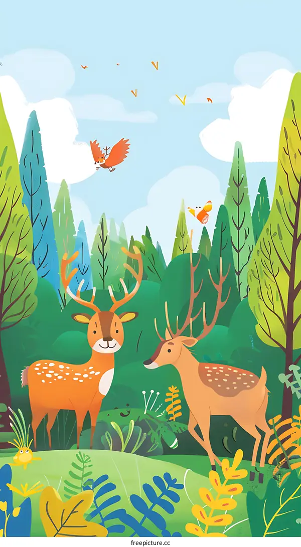 Cute Cartoon Deer in Green Forest Illustration