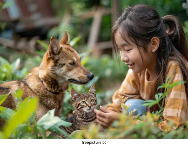 Little girl playing with a cat and a dog in the garden