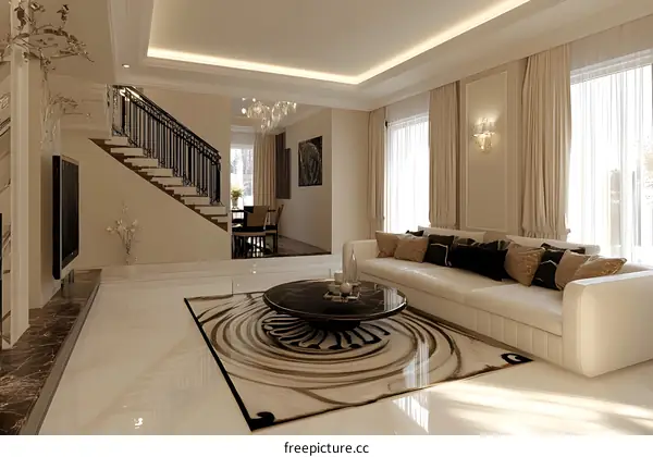 Modern Living Room Interior Design with White Sofa and Black Coffee Table