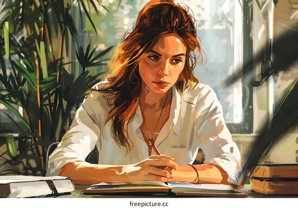 A young woman is sitting at a desk, writing in a notebook. She is wearing a white shirt and has long, brown hair.