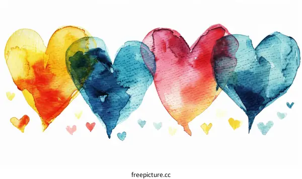Colorful watercolor painted hearts