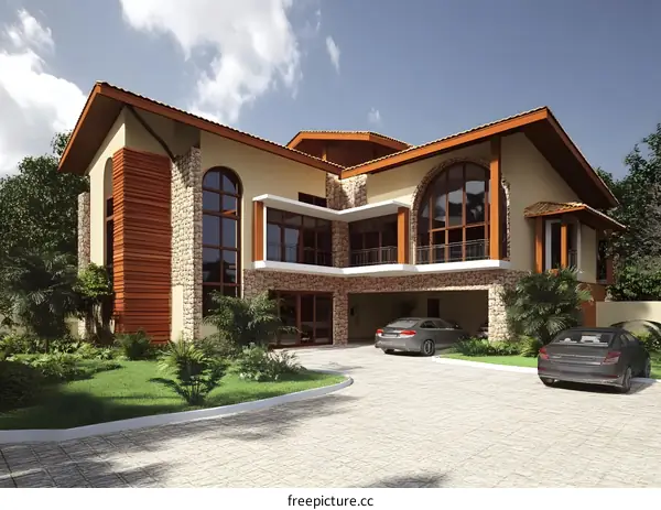 Modern House with Stone Facade and Large Windows