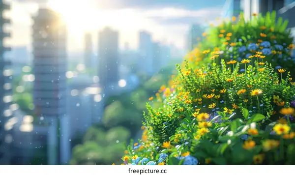 A beautiful garden on a sunny day with a view of the city in the background