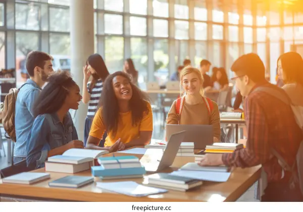 Multi-ethnic group of students studying together in a university library
