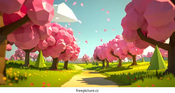 Low Poly Cherry Blossom Trees Spring Landscape