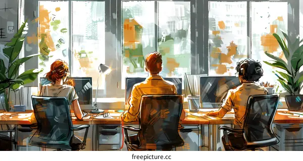 Three people working in an office