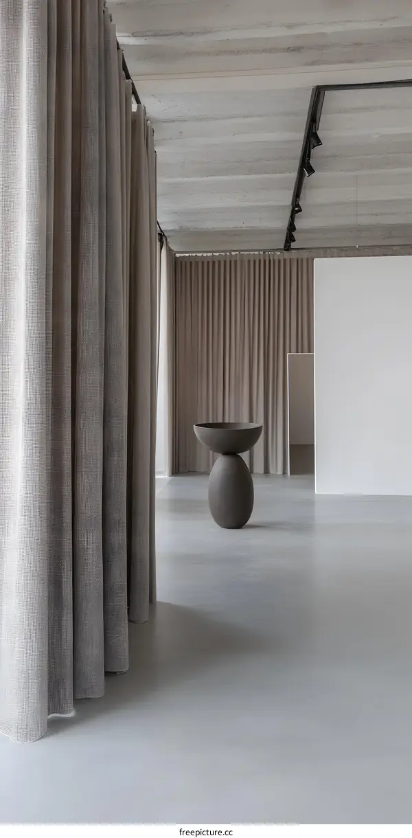 Minimalist Interior Design with Beige Curtains and Concrete Floor