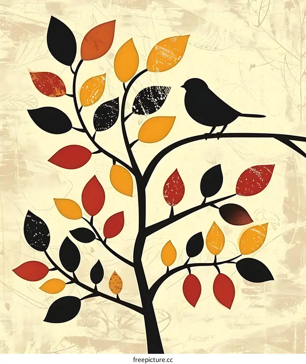 Simple Tree With Bird Silhouette Illustration