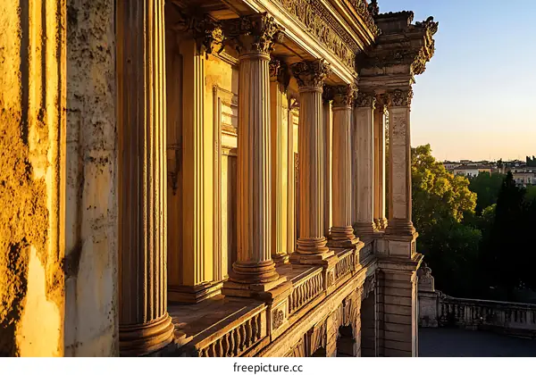 Ancient Roman Architecture with Pillars and Golden Sunlight