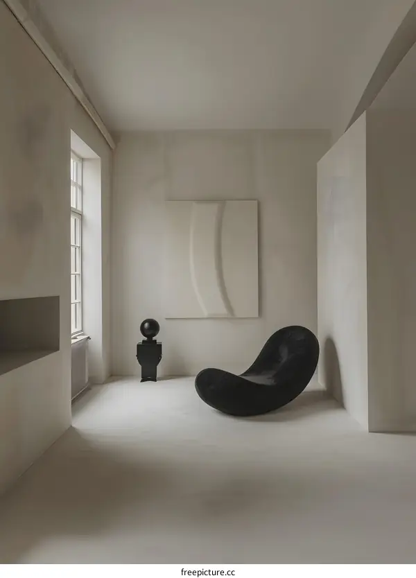 Minimalist Interior Design with Black Velvet Chair and Abstract Wall Art