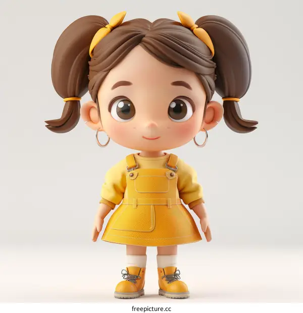 Cute 3D Cartoon Girl with Brown Hair and Yellow Dress