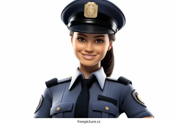 A policewoman with a brown ponytail and brown eyes is smiling.