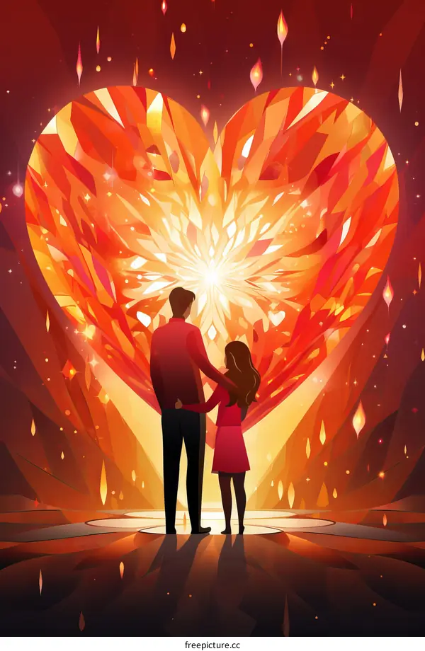 Couple standing in front of a large glowing heart