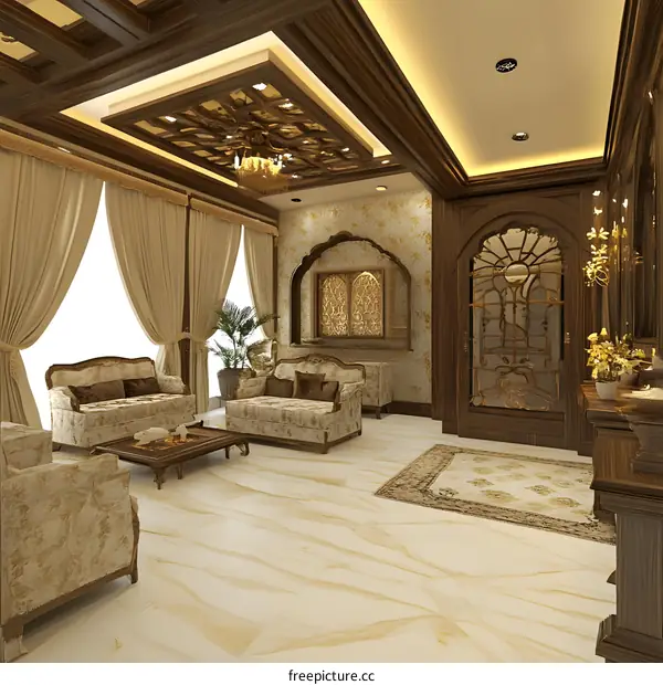 Luxury Living Room Interior Design With Ornate Ceiling