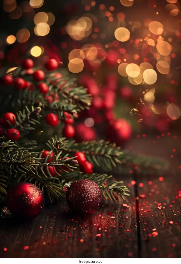 Christmas decoration with red baubles and fir tree branches